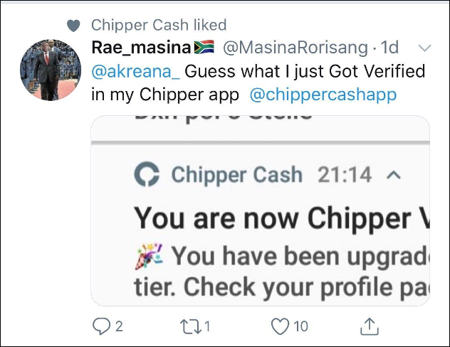 Chipper Cash Verification tweet